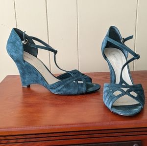 Teal open toe wedge heels